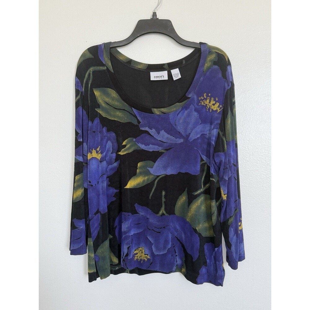 Chico’s Travelers Women’s Sz 3(XL) Slinky Knit 3/4 Sleeve Floral Top